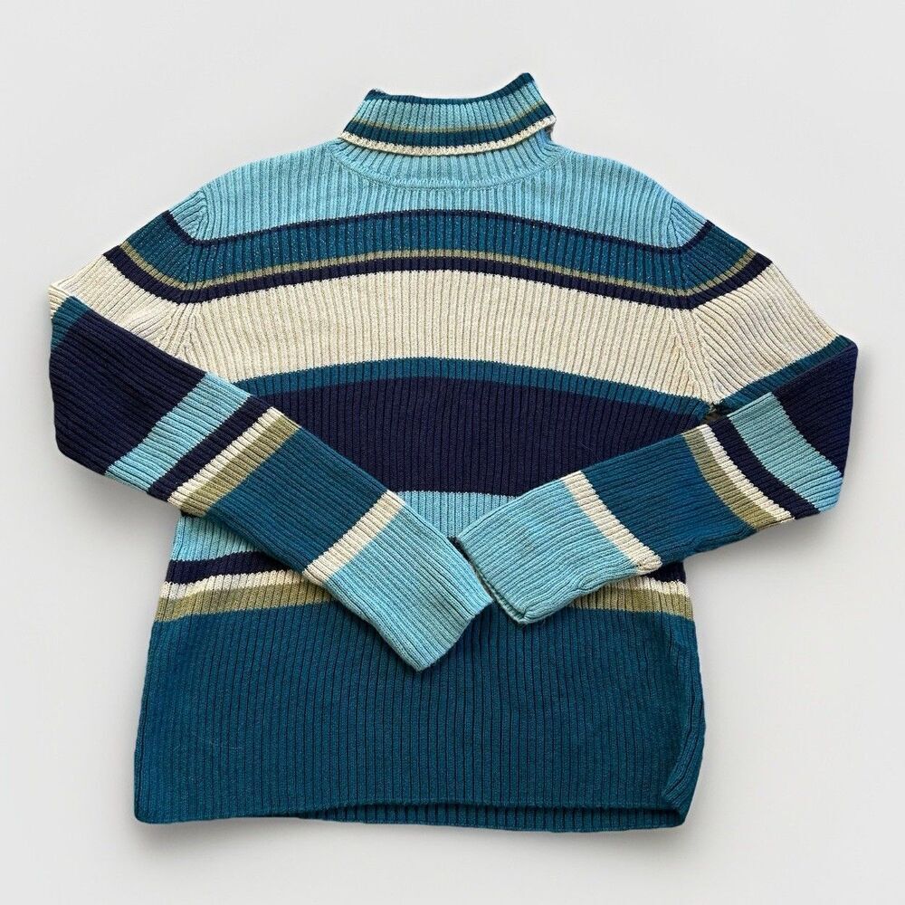Y2K Faded Glory Womens Striped Turtleneck Sweater XL Blue Teal Glitter Rib Knit
